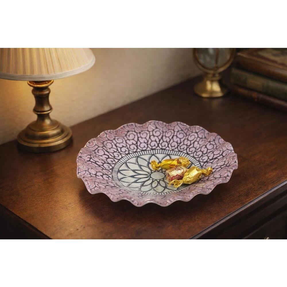Sydenstricker USA 1980s Embassy Pink Lace Ruffled Art Glass Dish Plate, 8”